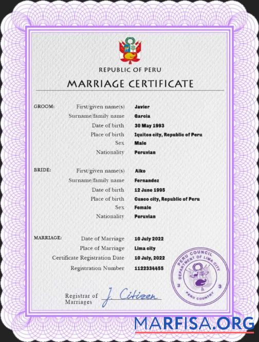Printable Peru marriage certificate PSD template